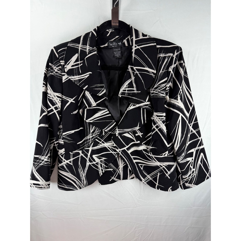 Ivy Chic New York Black White Abstract Print Ruffle Blazer Jacket Womens Medium